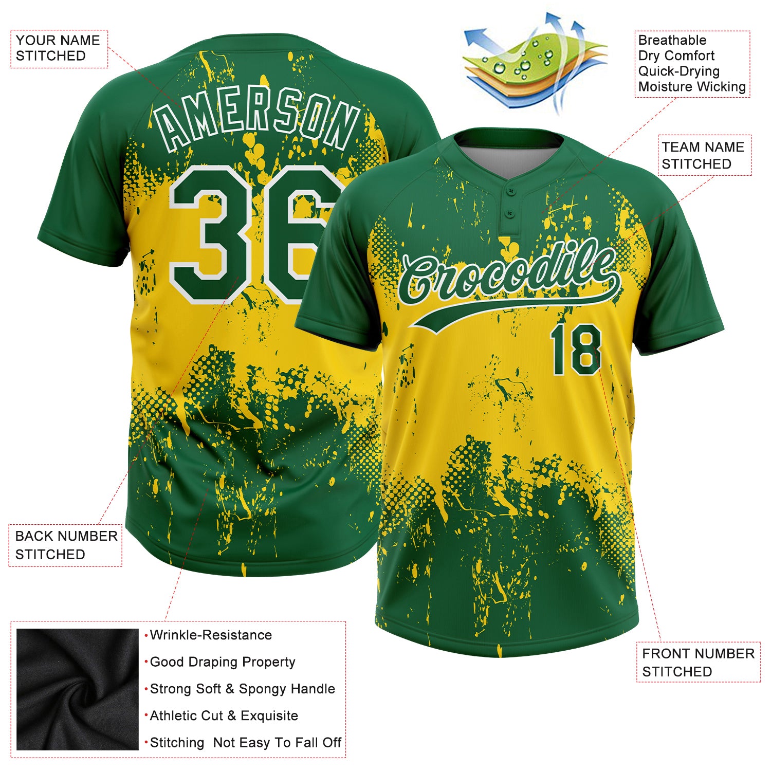 Custom Gold Green-White 3D Pattern Two-Button Unisex Softball Jersey