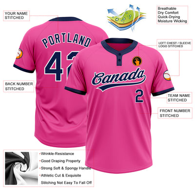 Custom Pink Navy-White Two-Button Unisex Softball Jersey
