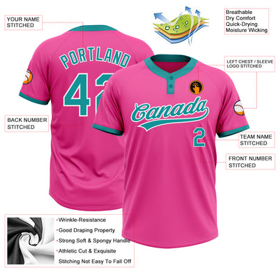 Custom Pink Teal-White Two-Button Unisex Softball Jersey