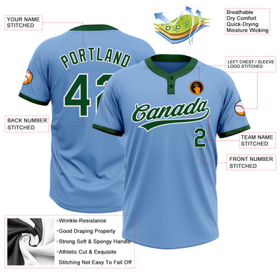 Custom Light Blue Green-White Two-Button Unisex Softball Jersey
