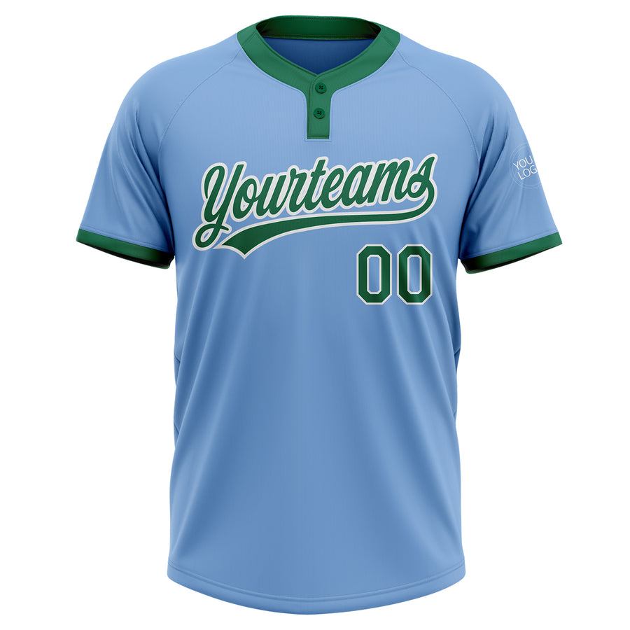 Custom Light Blue Kelly Green-White Two-Button Unisex Softball Jersey