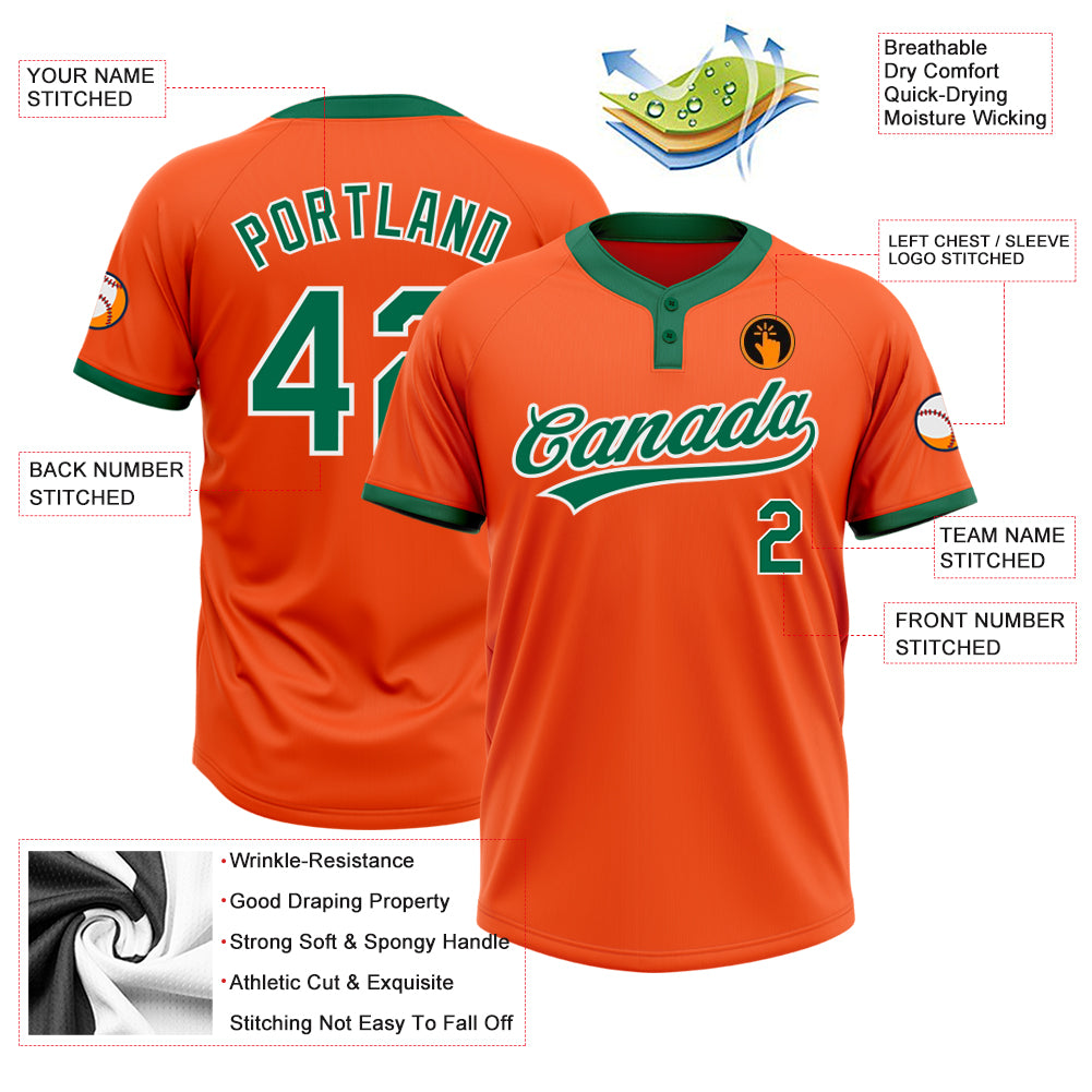 Custom Orange Kelly Green-White Two-Button Unisex Softball Jersey