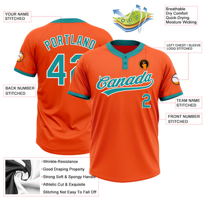 Custom Orange Teal-White Two-Button Unisex Softball Jersey
