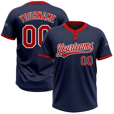 Custom Navy Red-White Two-Button Unisex Softball Jersey