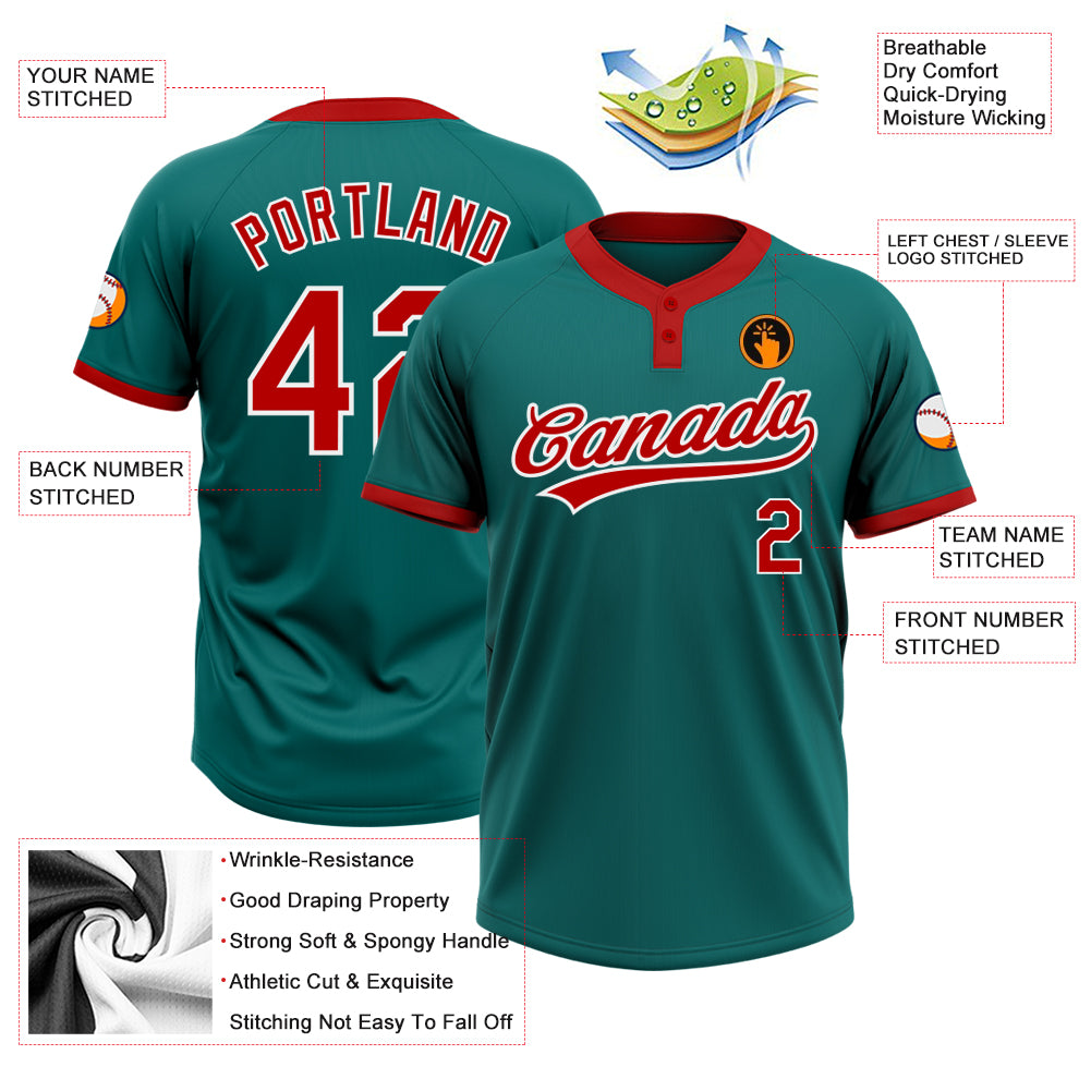 Custom Teal Red-White Two-Button Unisex Softball Jersey