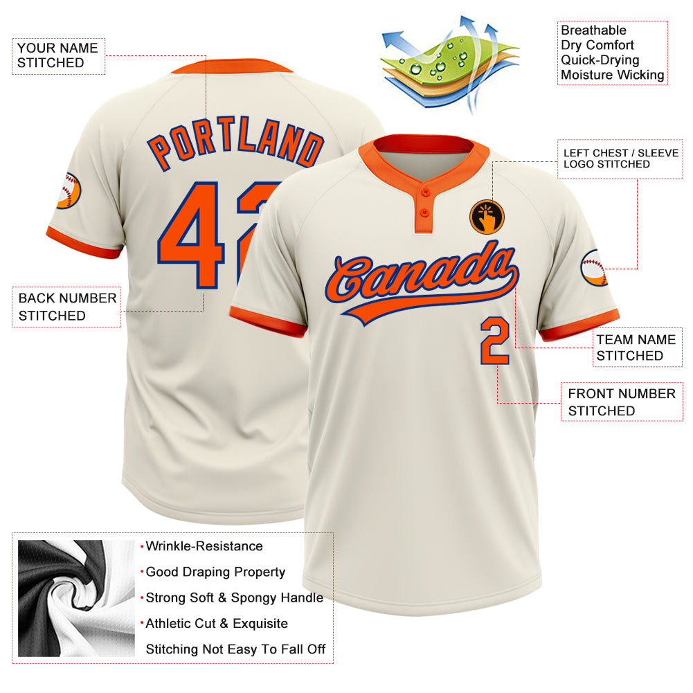 Custom Cream Orange-Royal Two-Button Unisex Softball Jersey