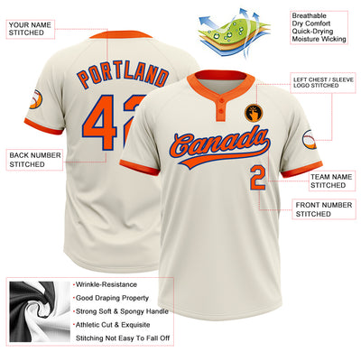 Custom Cream Orange-Royal Two-Button Unisex Softball Jersey