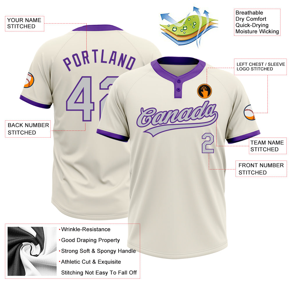 Custom Cream Gray-Purple Two-Button Unisex Softball Jersey