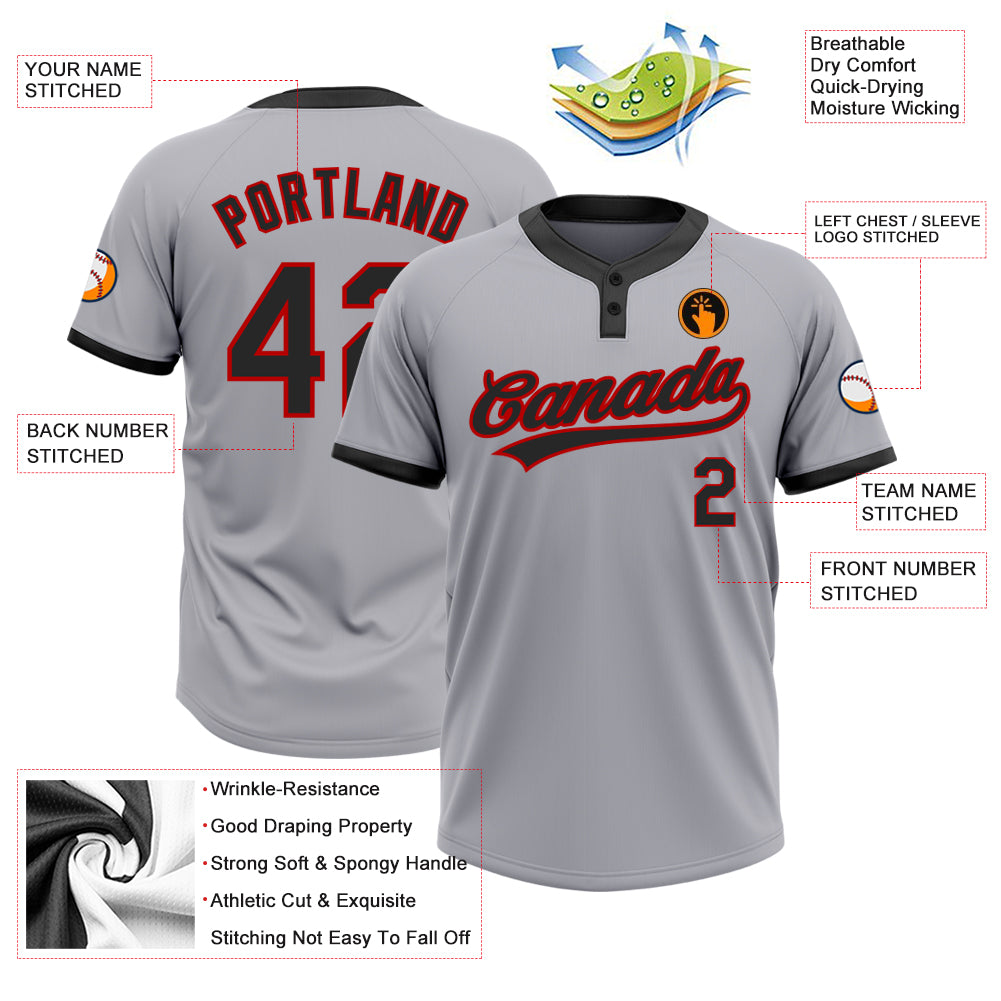 Custom Gray Black-Red Two-Button Unisex Softball Jersey