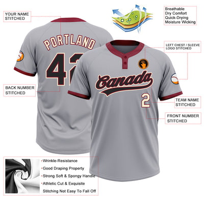 Custom Gray Black Crimson-Cream Two-Button Unisex Softball Jersey