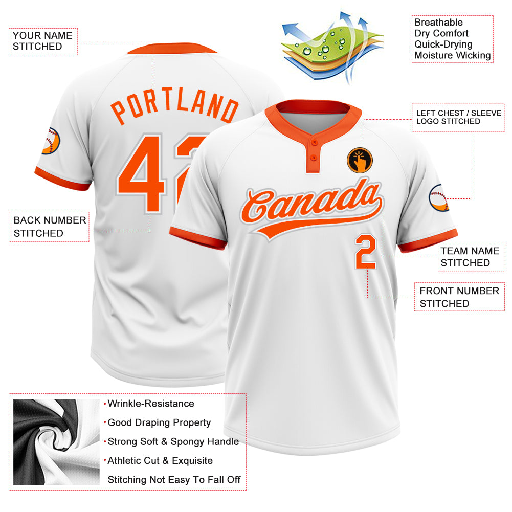 Custom White Orange-Gray Two-Button Unisex Softball Jersey