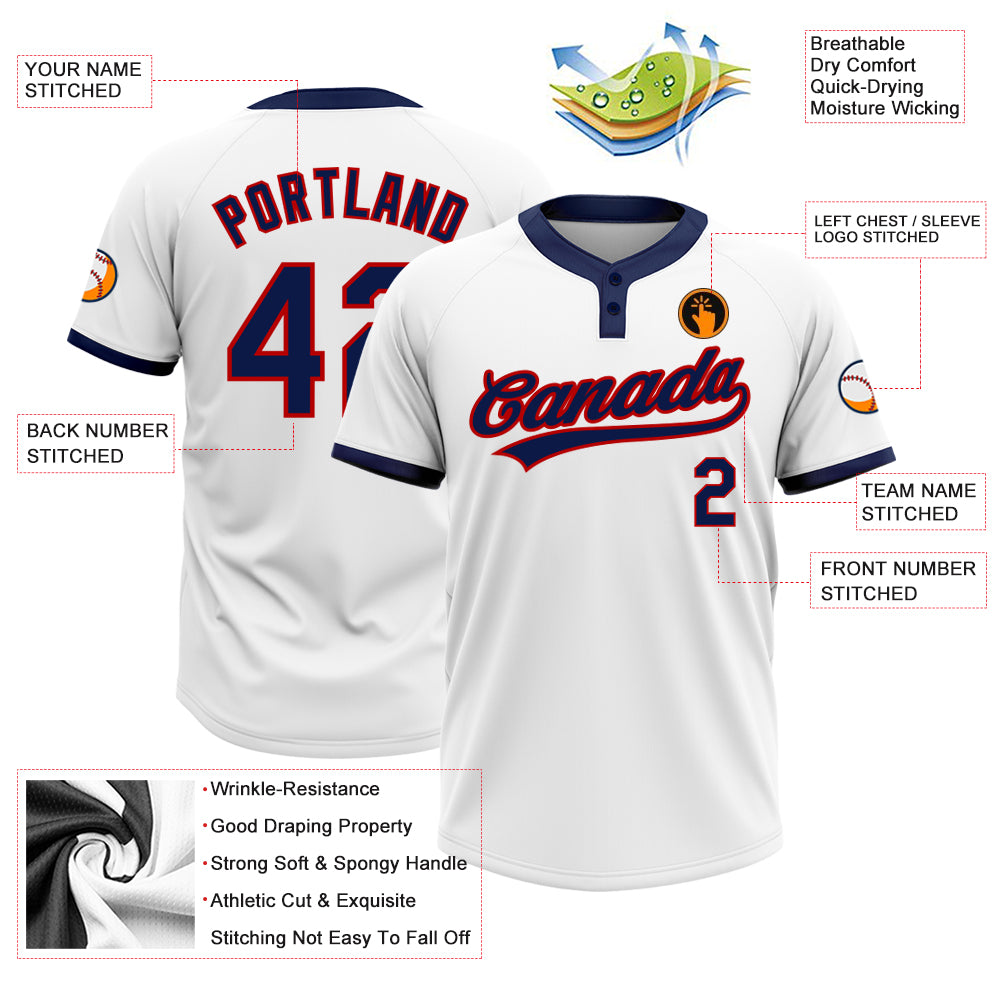 Custom White Navy-Red Two-Button Unisex Softball Jersey
