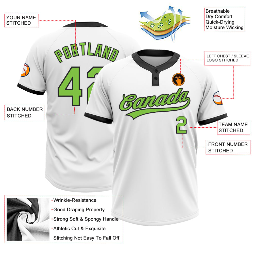 Custom White Neon Green-Black Two-Button Unisex Softball Jersey