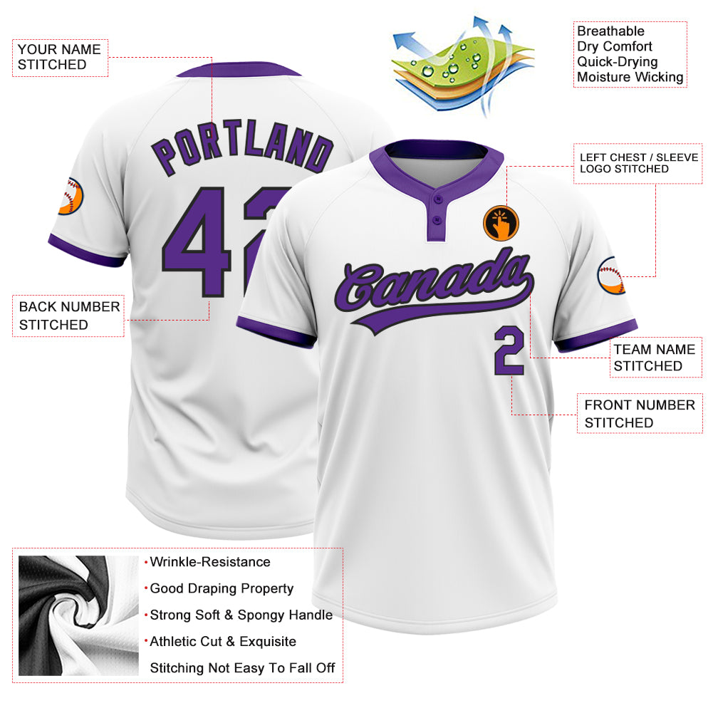 Custom White Purple-Black Two-Button Unisex Softball Jersey