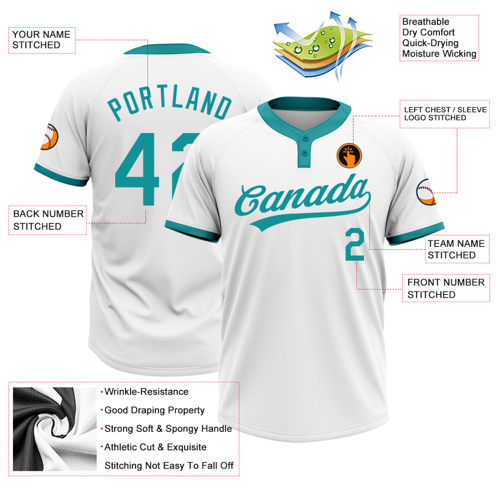Custom White Teal Two-Button Unisex Softball Jersey