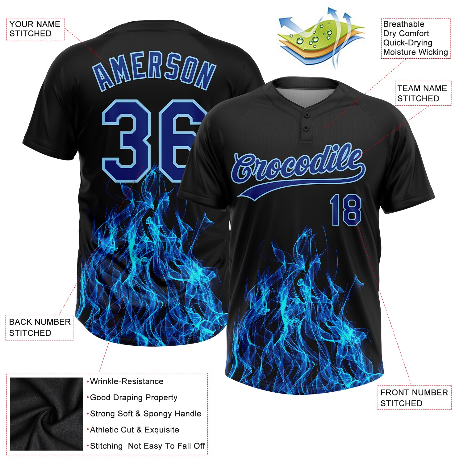 Custom Black Royal-Light Blue 3D Pattern Flame Two-Button Unisex Softball Jersey