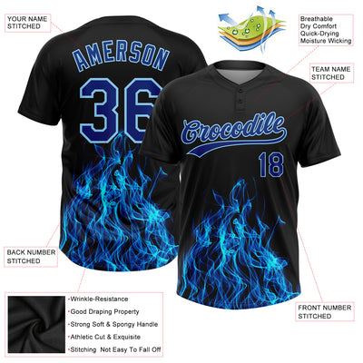 Custom Black Royal-Light Blue 3D Pattern Flame Two-Button Unisex Softball Jersey