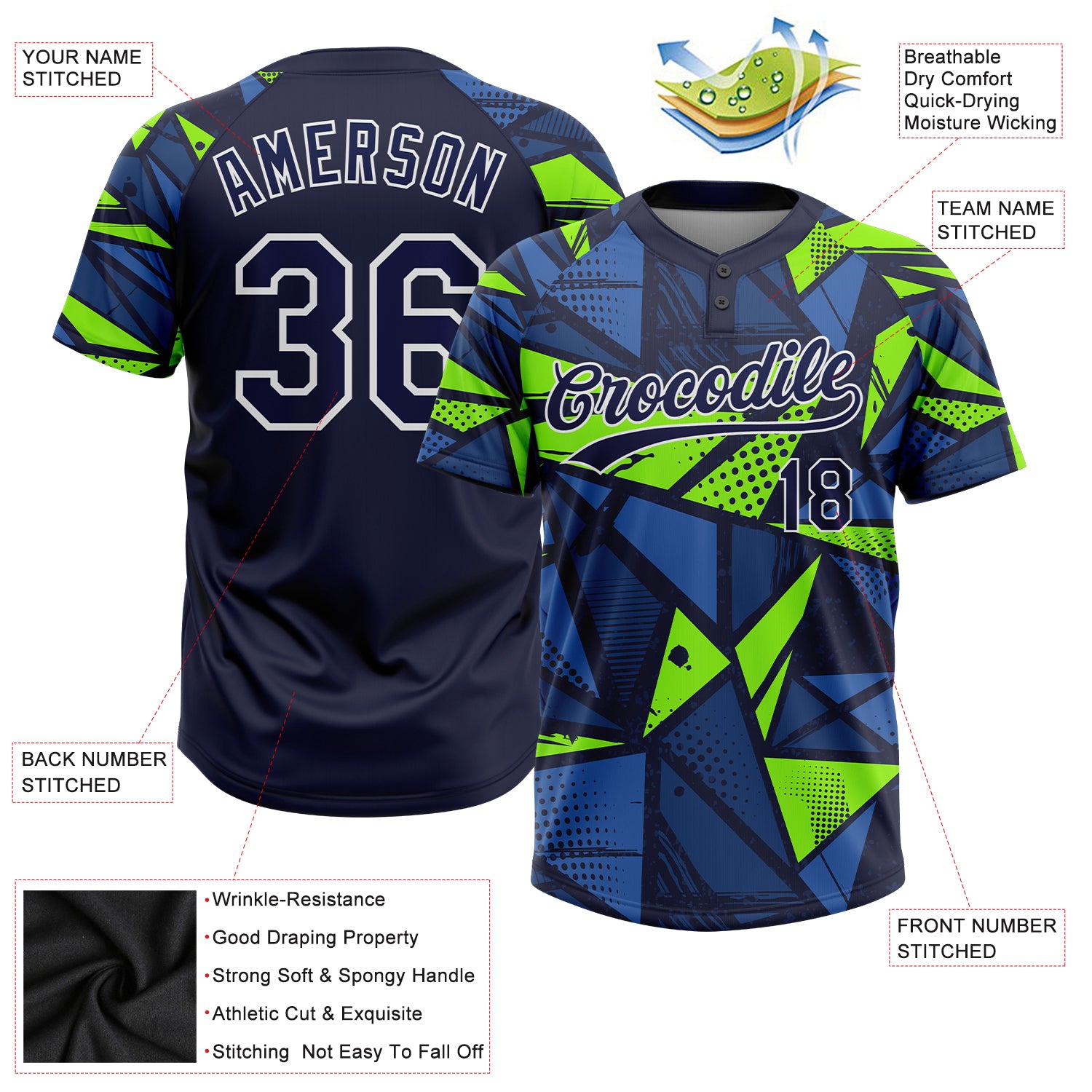Custom Navy Navy-Neon Green 3D Pattern Two-Button Unisex Softball Jersey