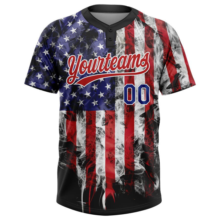 Custom White Royal-Red 3D American Flag Fashion Two-Button Unisex Softball Jersey