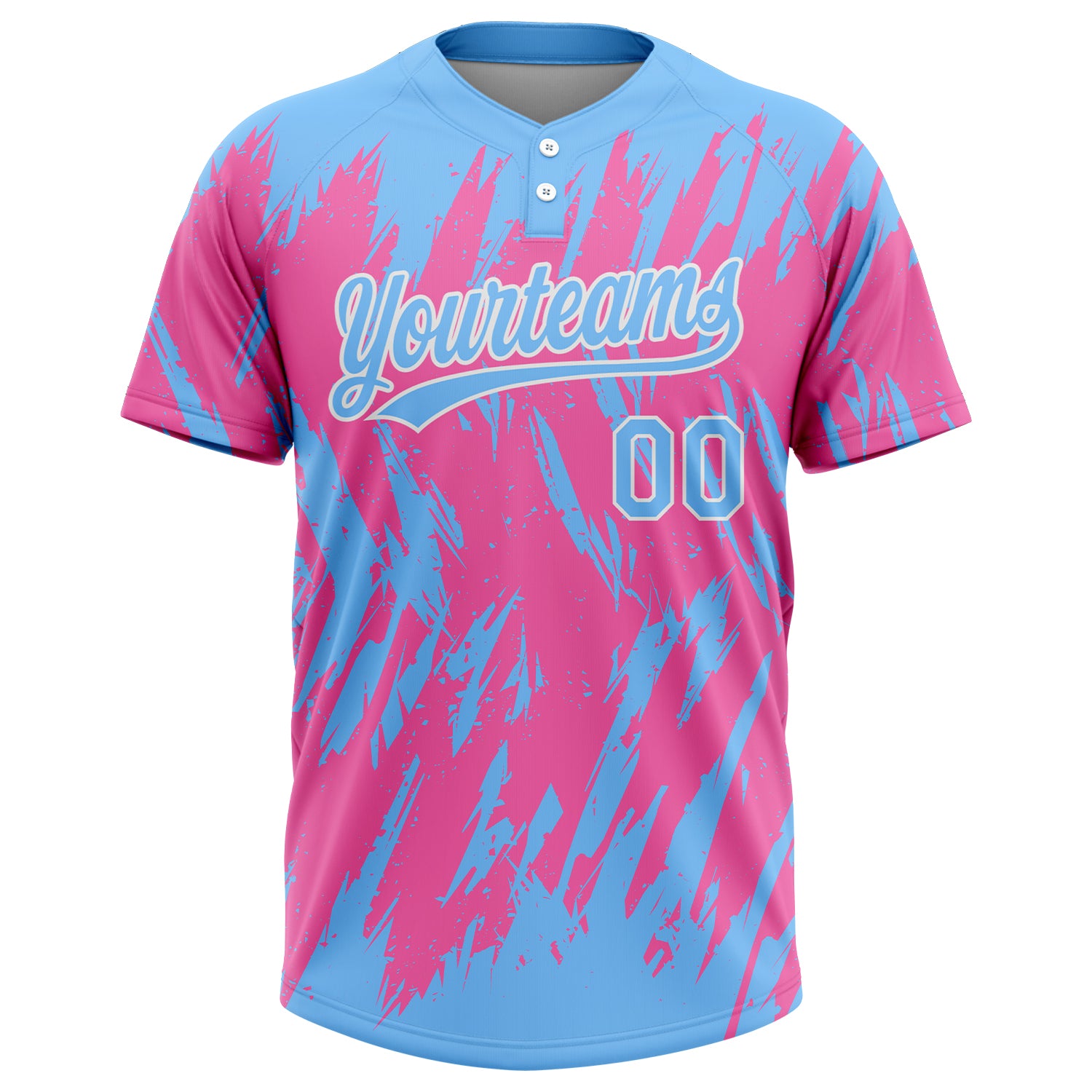 Custom Pink Powder Blue-White 3D Pattern Two-Button Unisex Softball Jersey