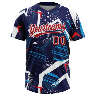 Custom Navy Red-White 3D Pattern Two-Button Unisex Softball Jersey