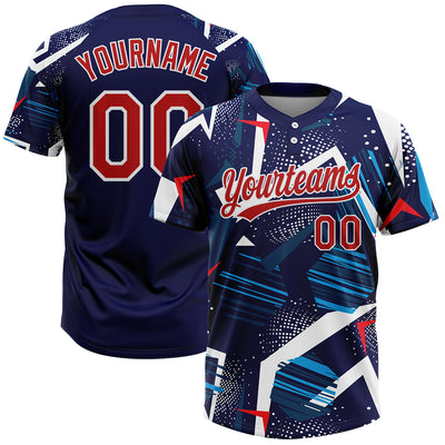 Custom Navy Red-White 3D Pattern Two-Button Unisex Softball Jersey