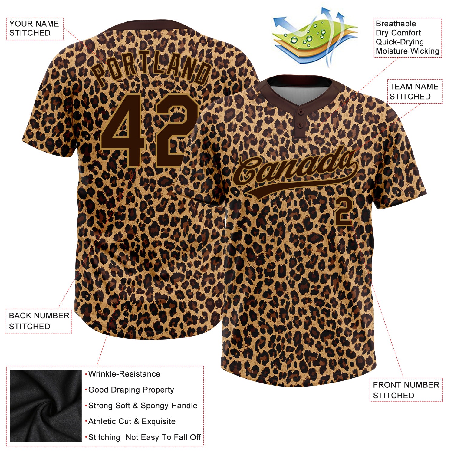 Custom Brown Brown-Old Gold 3D Pattern Leopard Two-Button Unisex Softball Jersey