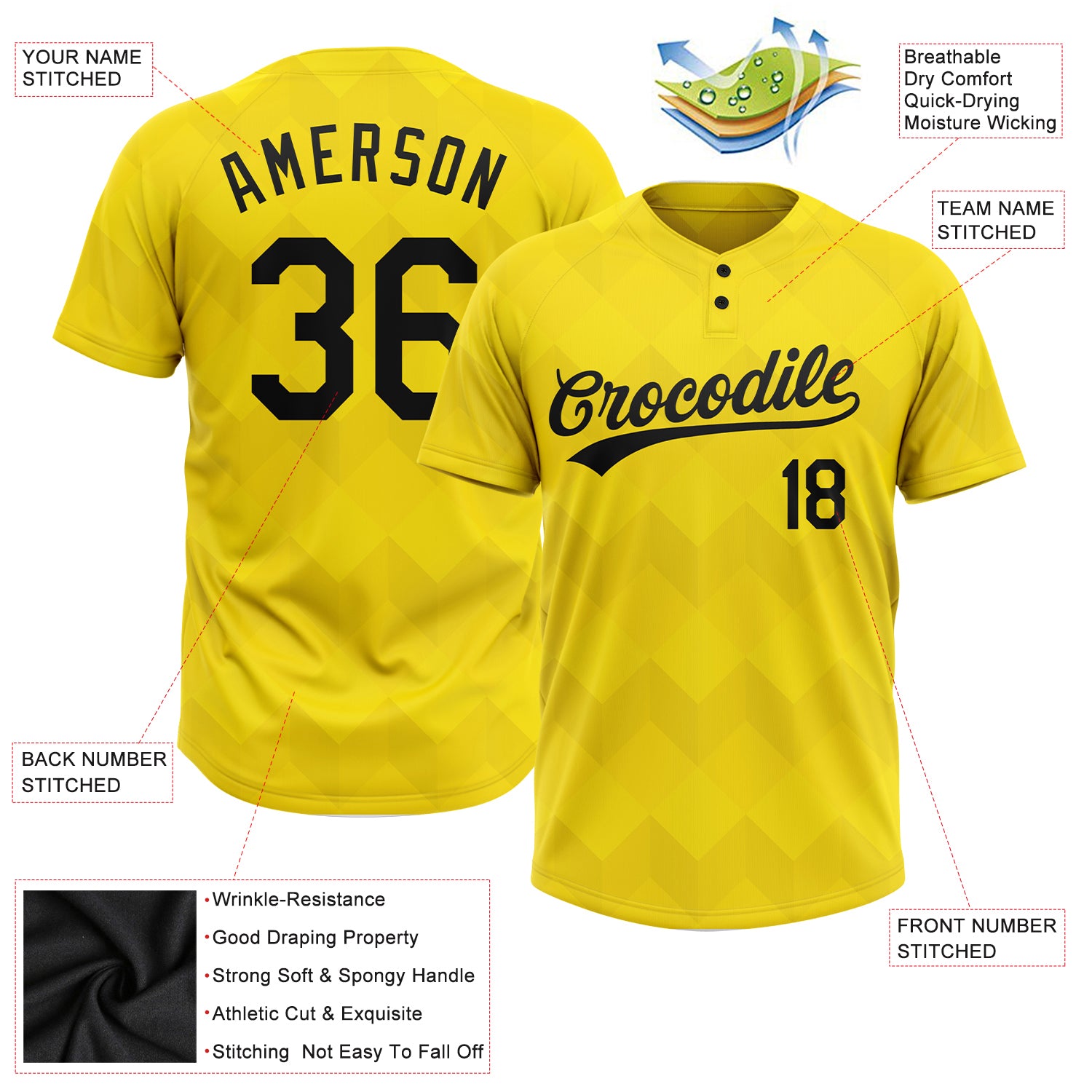 Custom Gold Black 3D Pattern Two-Button Unisex Softball Jersey
