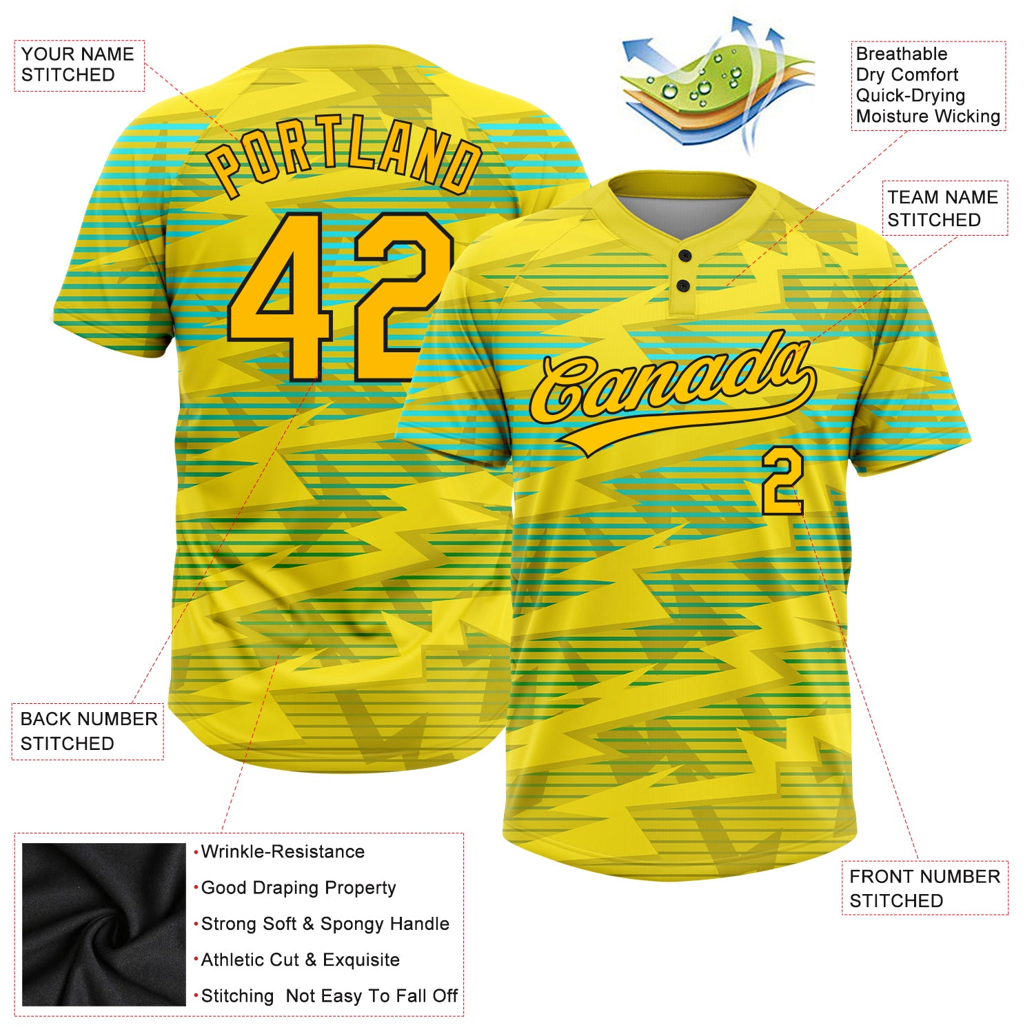 Custom Gold Gold Black-Light Blue 3D Pattern Two-Button Unisex Softball Jersey