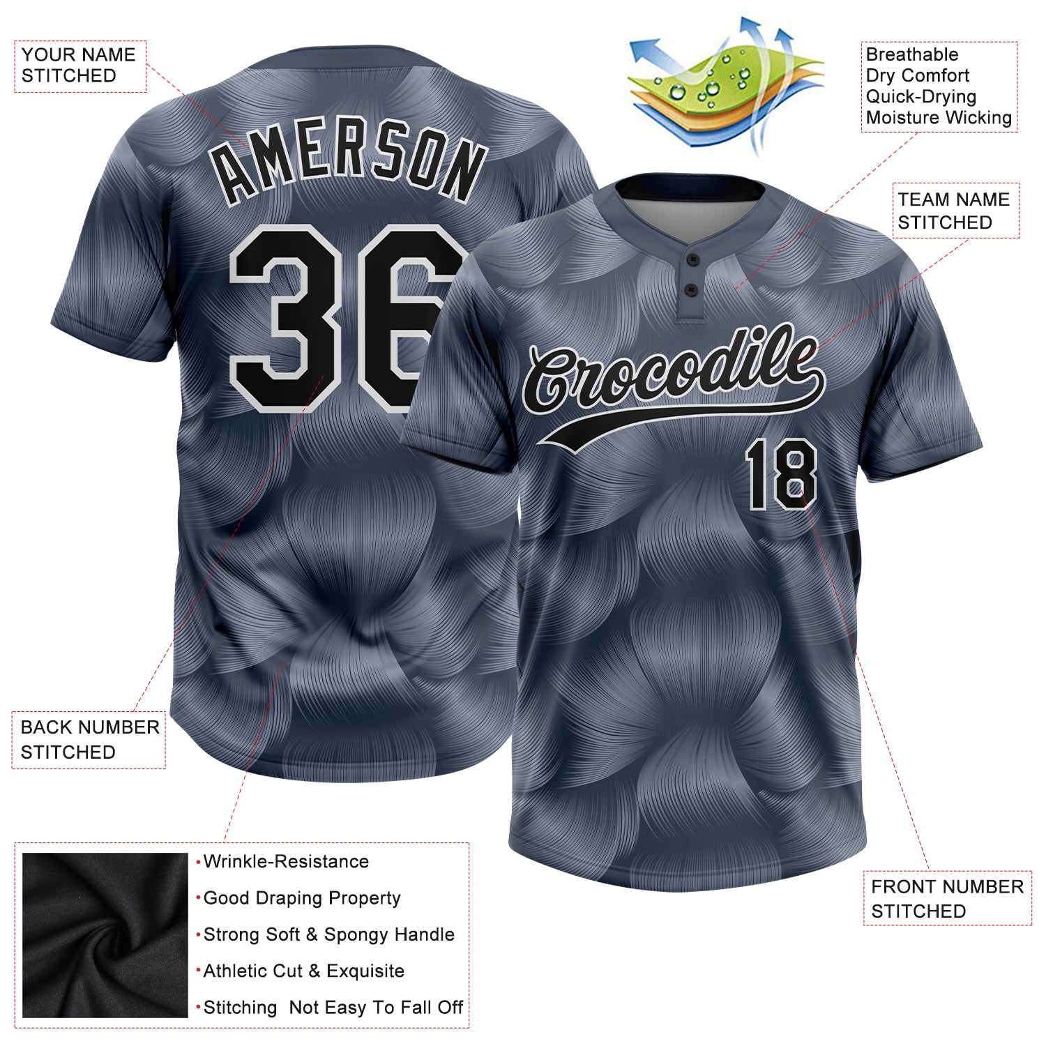Custom Steel Gray Black-White 3D Pattern Two-Button Unisex Softball Jersey