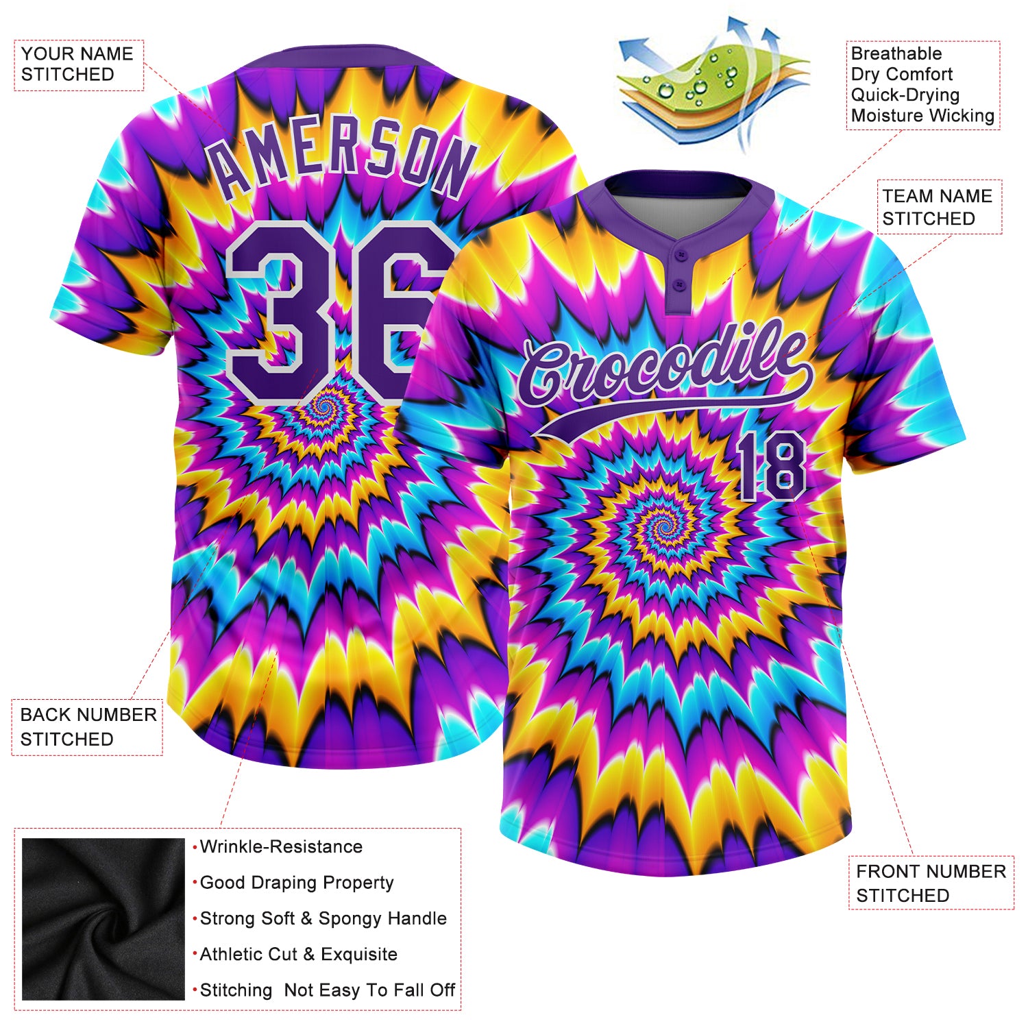 Custom Tie Dye Purple-White 3D Two-Button Unisex Softball Jersey