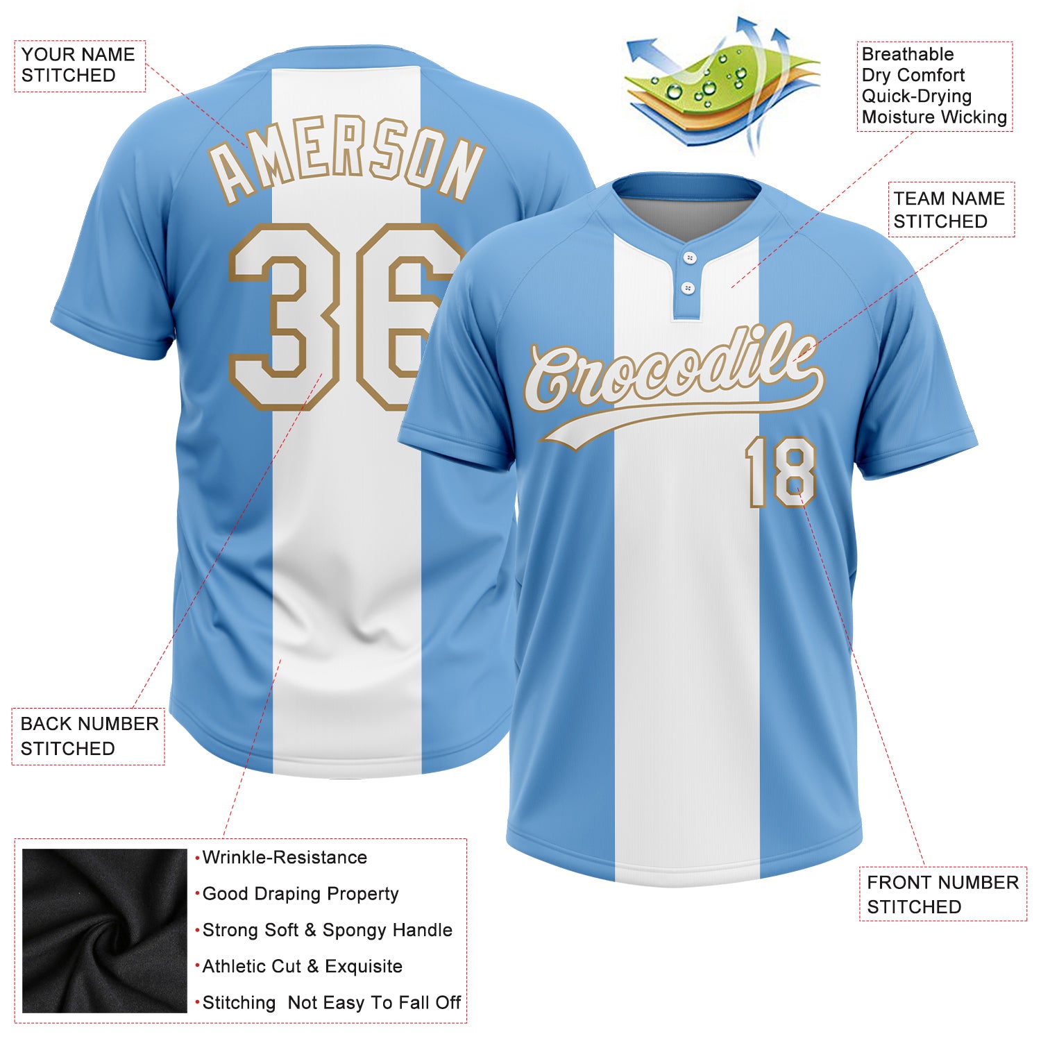 Custom Light Blue White-Old Gold 3D Pattern Two-Button Unisex Softball Jersey