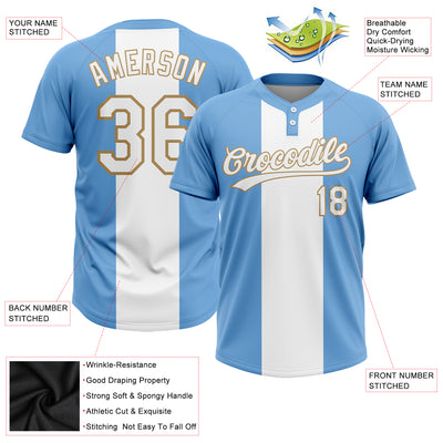 Custom Light Blue White-Old Gold 3D Pattern Two-Button Unisex Softball Jersey