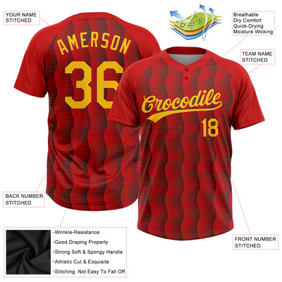 Custom Red Gold-Black 3D Pattern Two-Button Unisex Softball Jersey