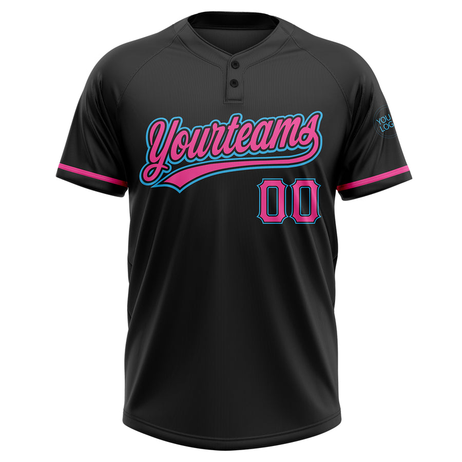 Custom Black Pink-Sky Blue Two-Button Unisex Softball Jersey