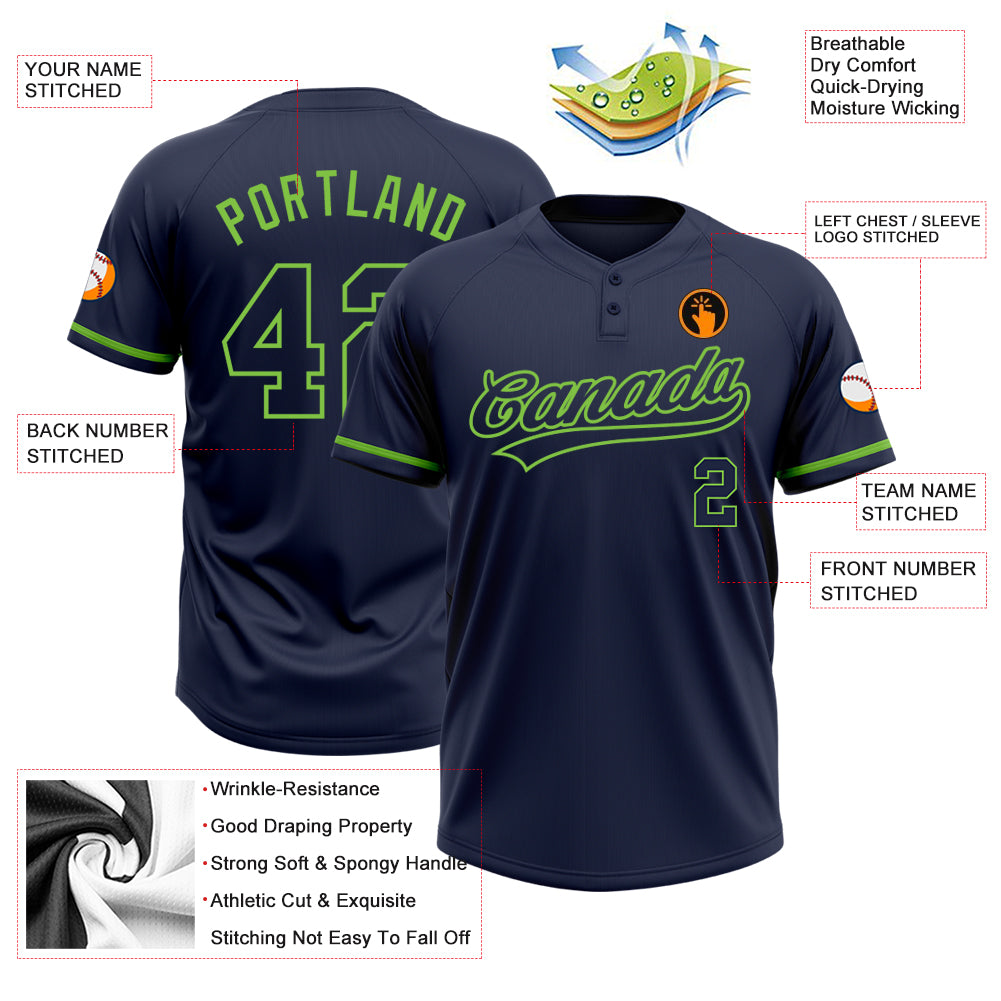 Custom Navy Navy-Neon Green Two-Button Unisex Softball Jersey
