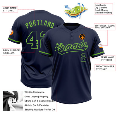 Custom Navy Navy-Neon Green Two-Button Unisex Softball Jersey