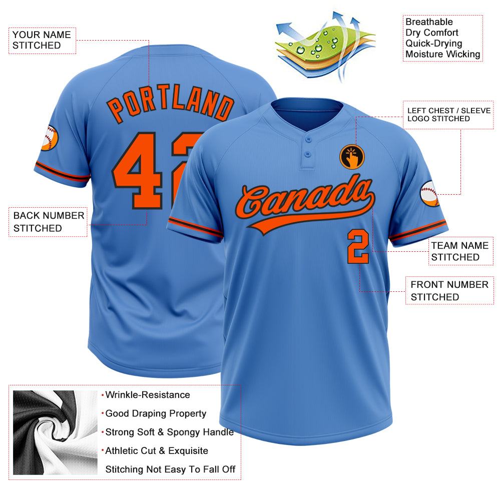 Custom Powder Blue Orange-Black Two-Button Unisex Softball Jersey