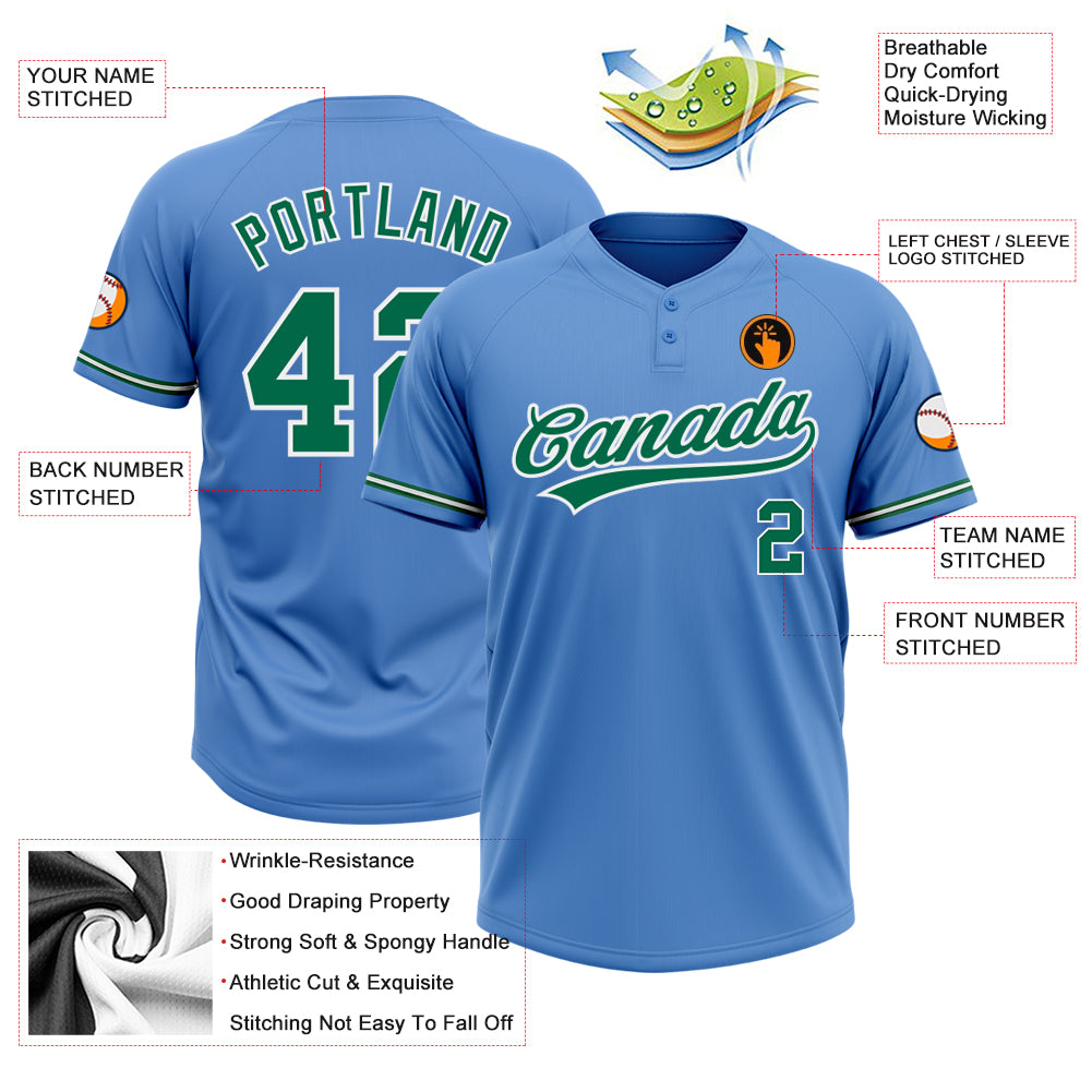 Custom Powder Blue Kelly Green-White Two-Button Unisex Softball Jersey