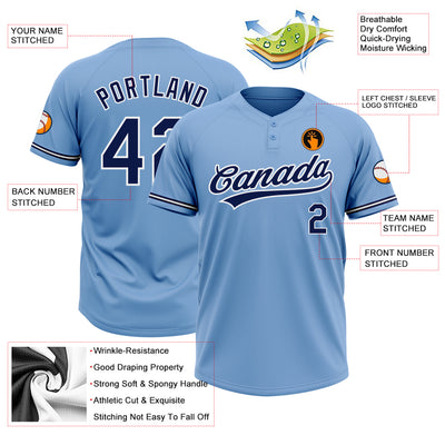Custom Light Blue Navy-White Two-Button Unisex Softball Jersey