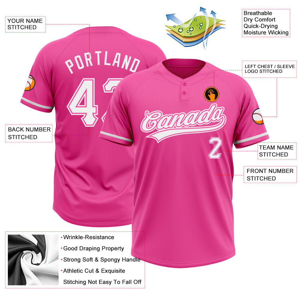 Custom Pink White Two-Button Unisex Softball Jersey