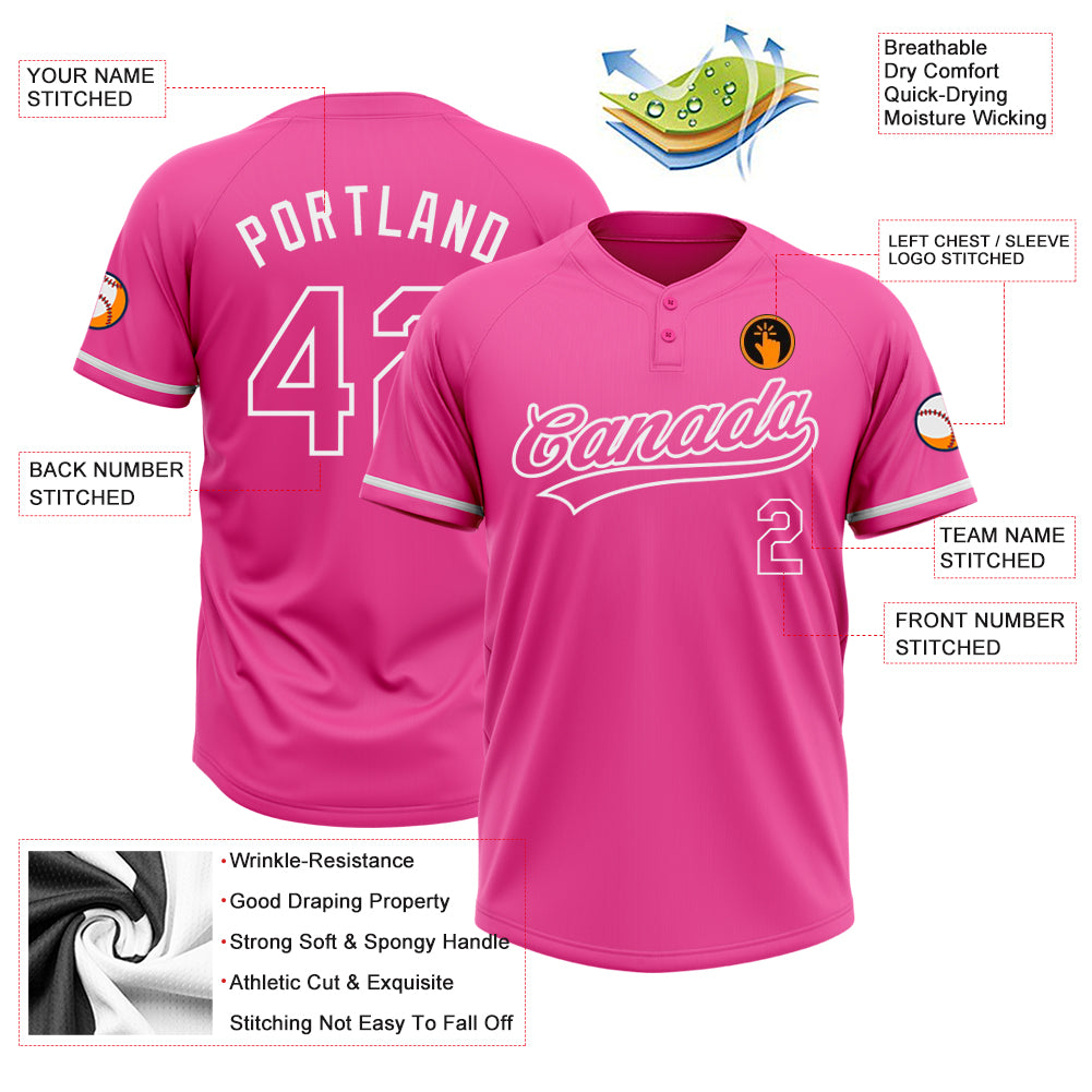 Custom Pink White Two-Button Unisex Softball Jersey