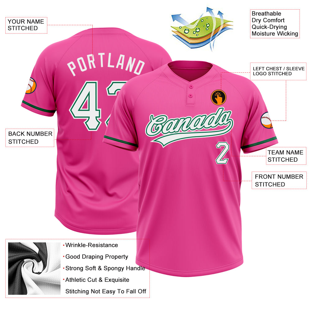 Custom Pink White-Kelly Green Two-Button Unisex Softball Jersey