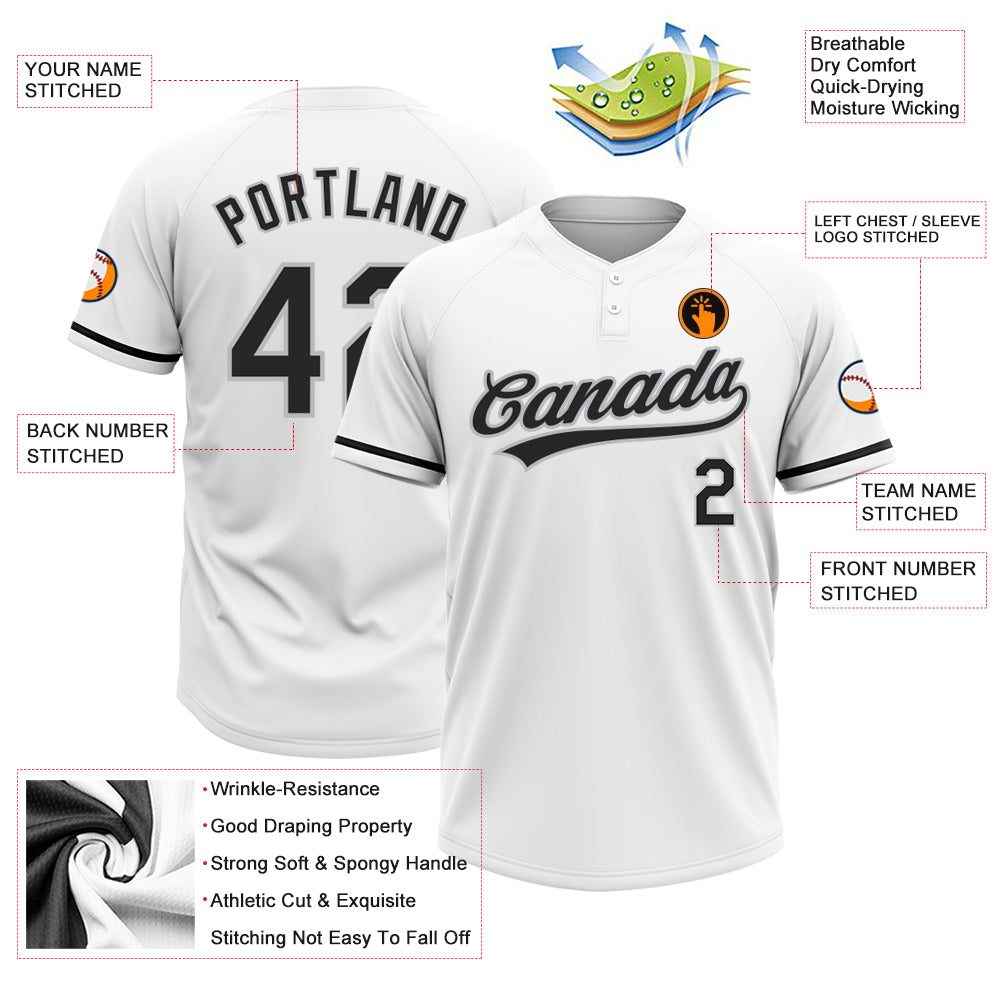 Custom White Black-Gray Two-Button Unisex Softball Jersey