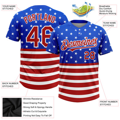 Custom Royal Red-White 3D American Flag Fashion Two-Button Unisex Softball Jersey