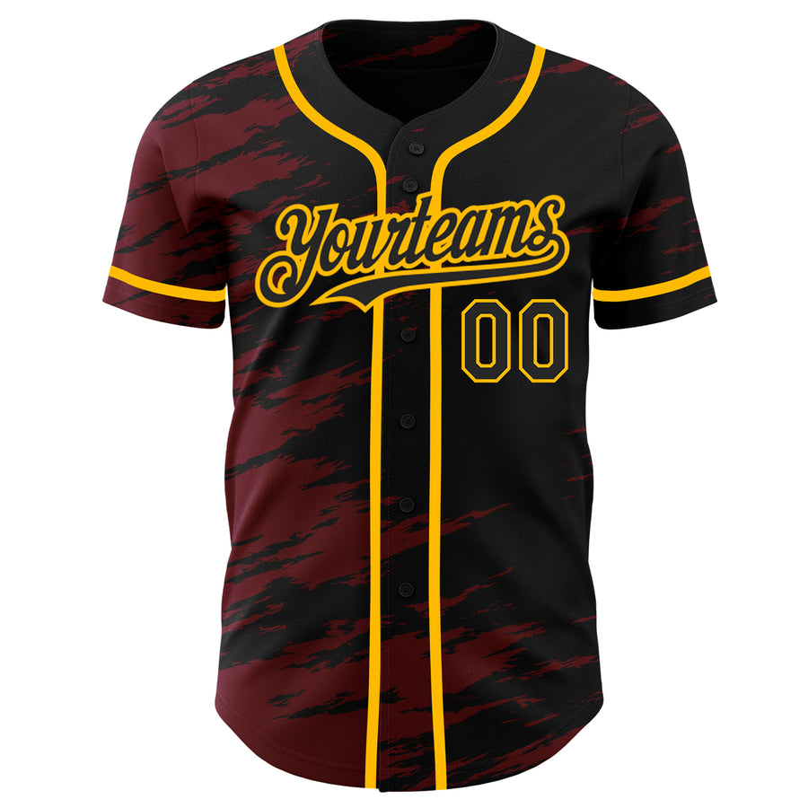 Custom Black Crimson Splash Ink Gold Authentic Baseball Jersey
