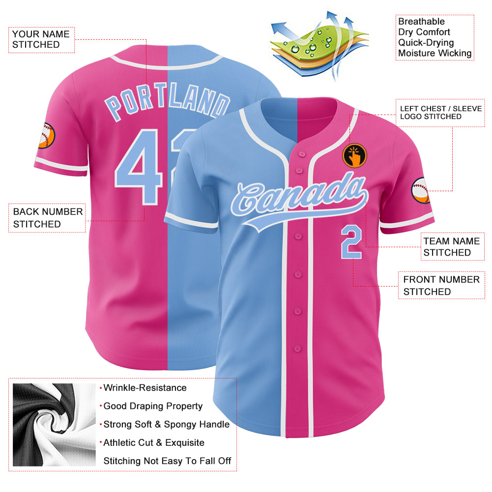 Custom Pink Light Blue-White Authentic Split Fashion Baseball Jersey