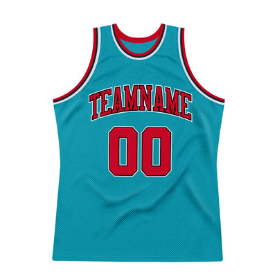 Custom Teal Red-Black Authentic Throwback Basketball Jersey