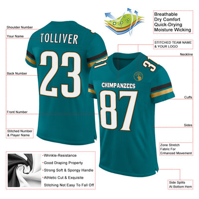 Custom Teal White-Old Gold Mesh Authentic Football Jersey