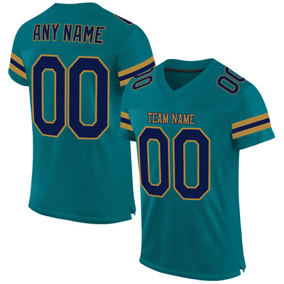 Custom Teal Navy-Old Gold Mesh Authentic Football Jersey